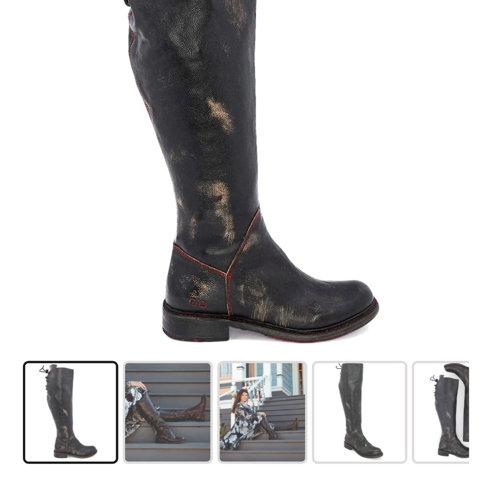 Black Leather Over the Knee Boots with Rounded Toe and Low Heel - Picture 4 of 7
